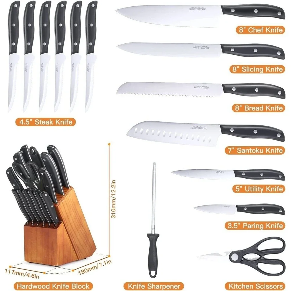 15 PCS Knife Set for Kitchen with Knife Block - High Carbon Stainless Steel Set